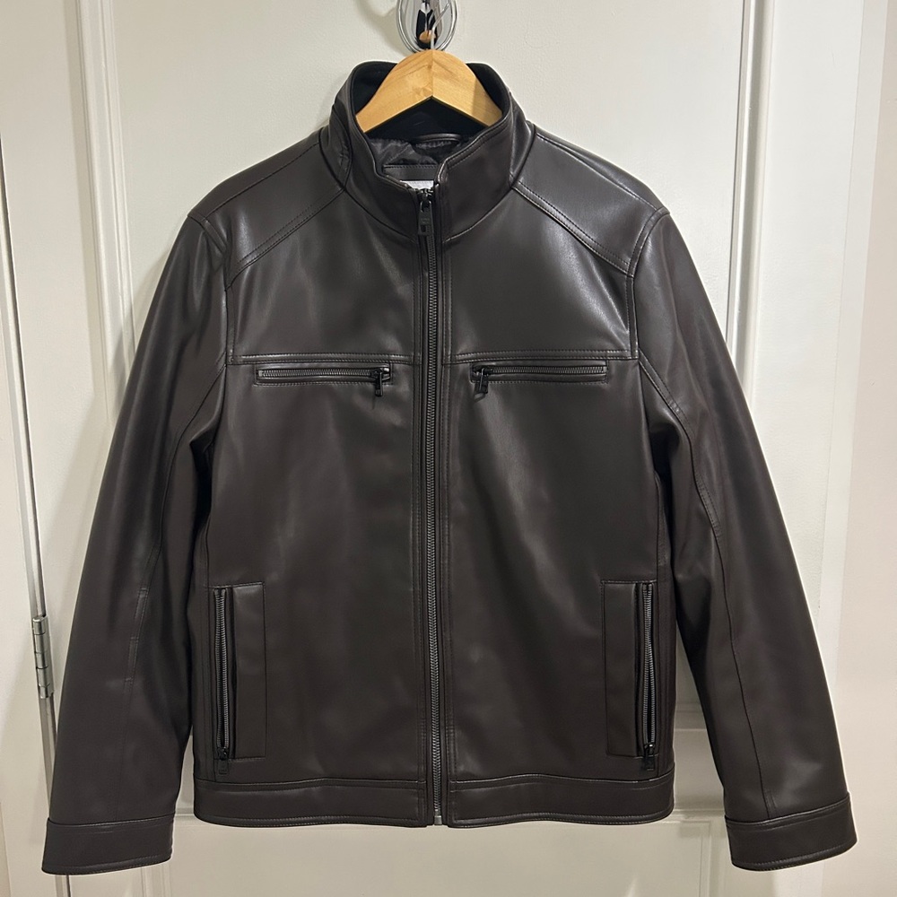 Calvin Klein Men’s Brown Leather Moto Jacket – Quilted Lining, Zip Pockets